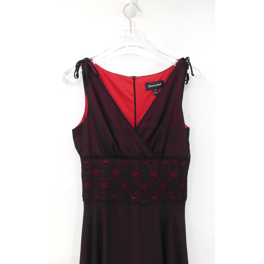 Vintage Connected Black Red Chiffon Lace Whimsigoth Midi Dress Women's Size 8 - Picture 3 of 5